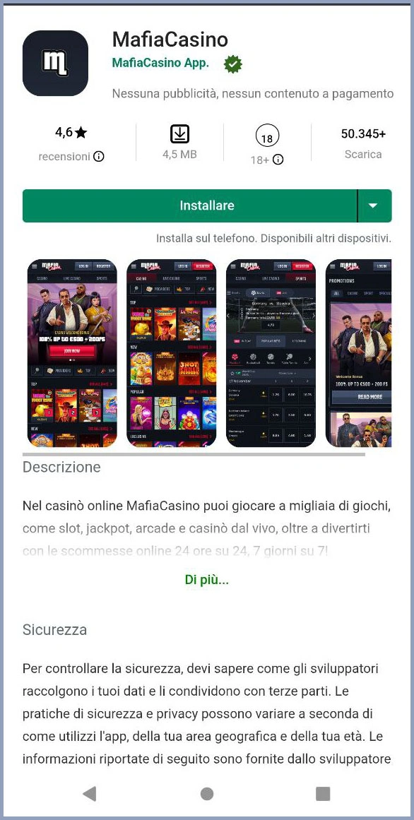 Versione mobile rapida e fluida del sito MafiaCasino
