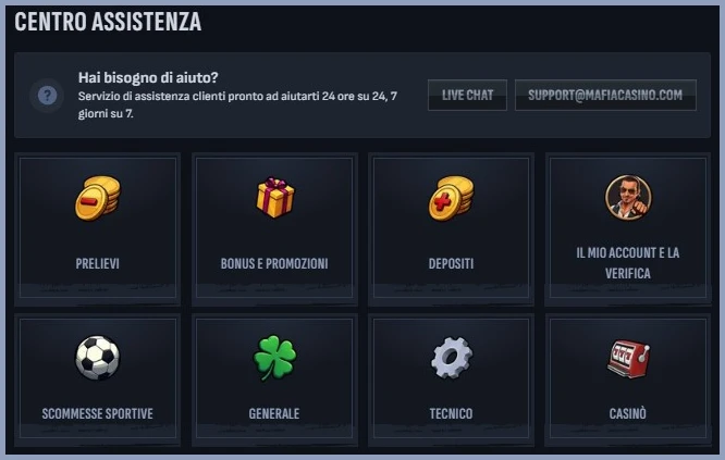 Contatta il servizio clienti tramite chat o email su MafiaCasino