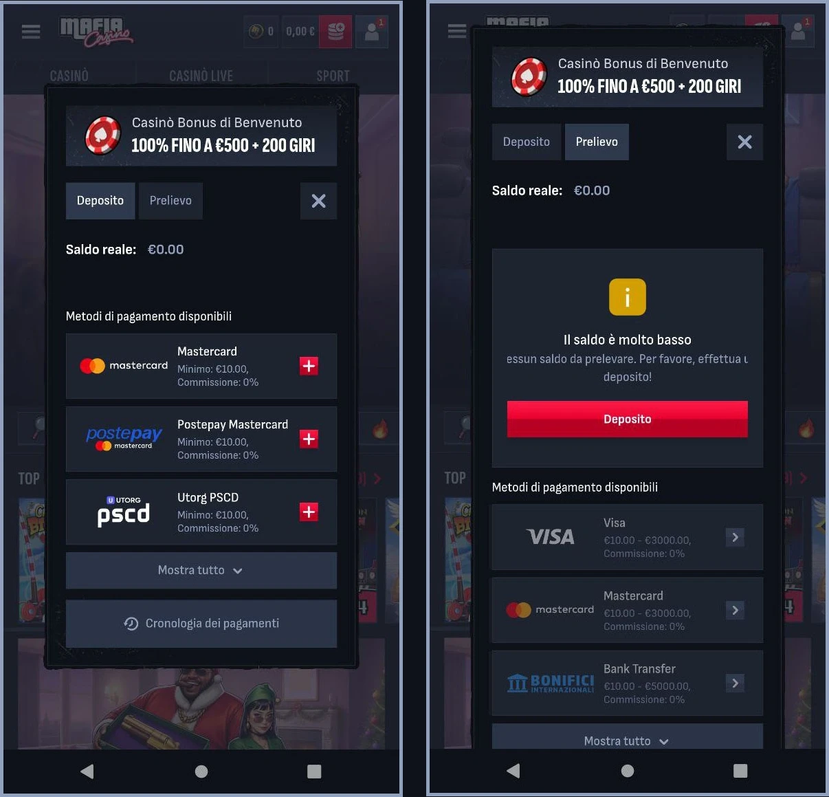 Guida ai depositi e ai prelievi su Mafia Casino