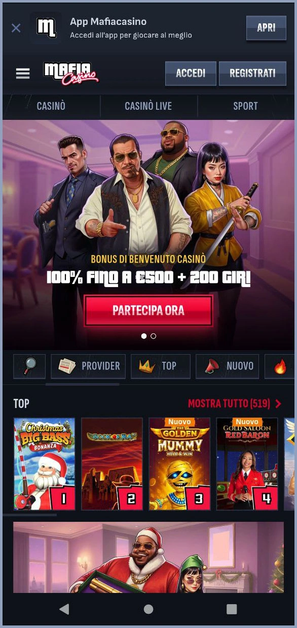 Accesso veloce alle sezioni principali di MafiaCasino