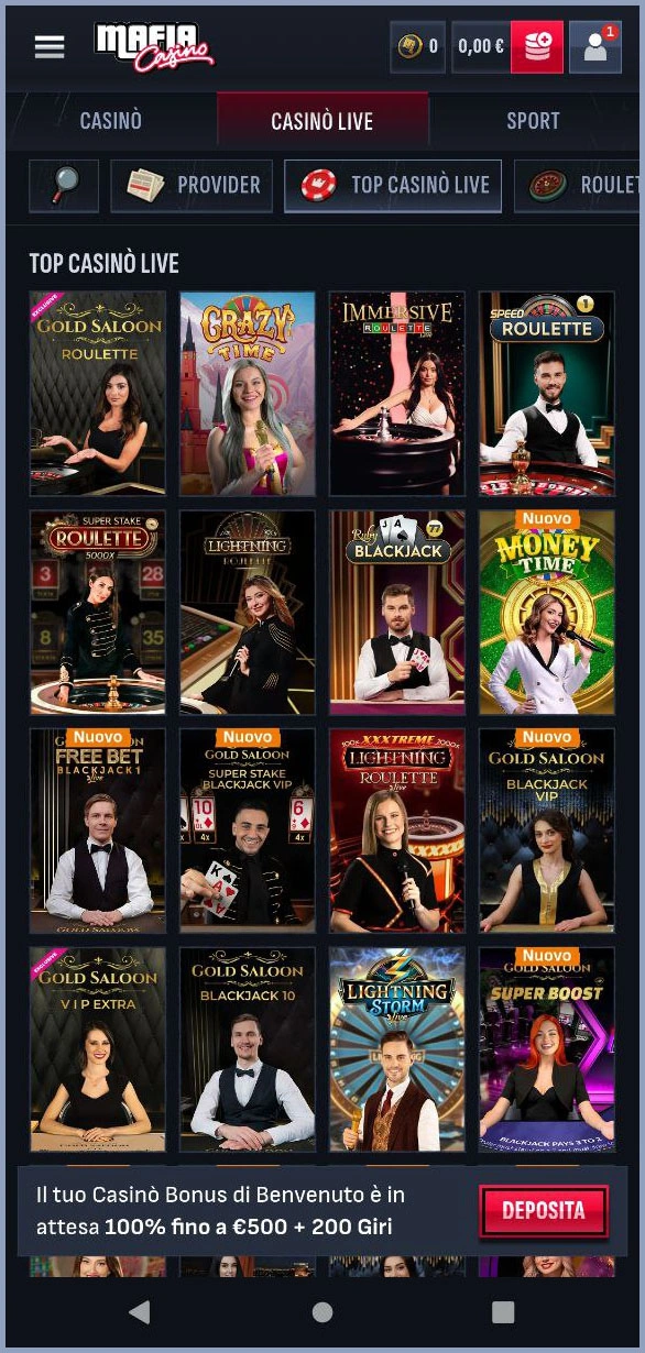 Panoramica di tutti i giochi live del casinò Mafia Casino