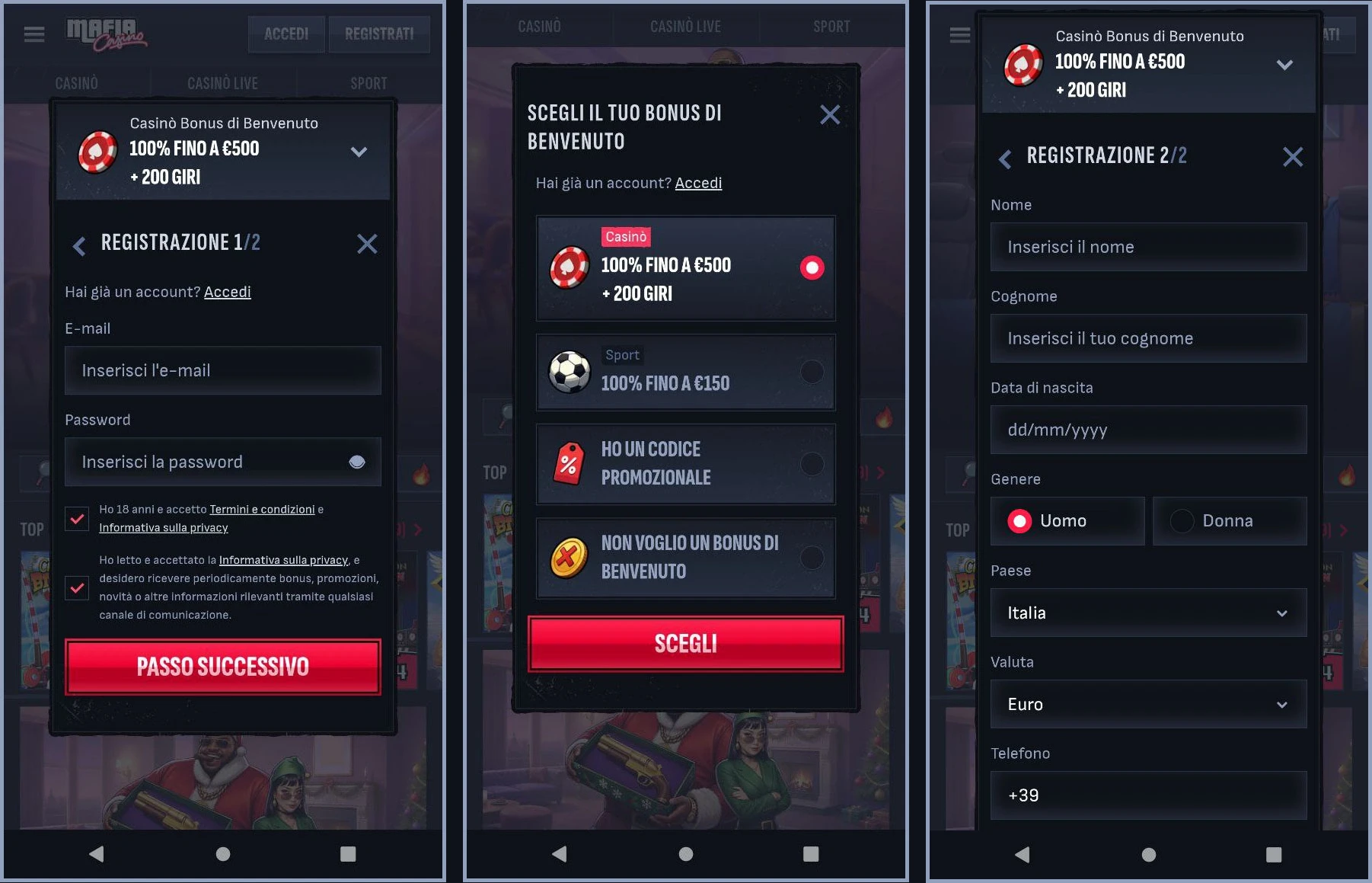 Registrazione rapida per nuovi giocatori al casinò Mafia Casino